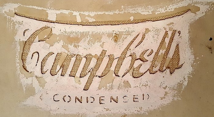 A stencil for Andy Warhol Crushed Campbell's Soup Can painting 1962 (photo taken by Sheila Scarborough at Warhol Museum)