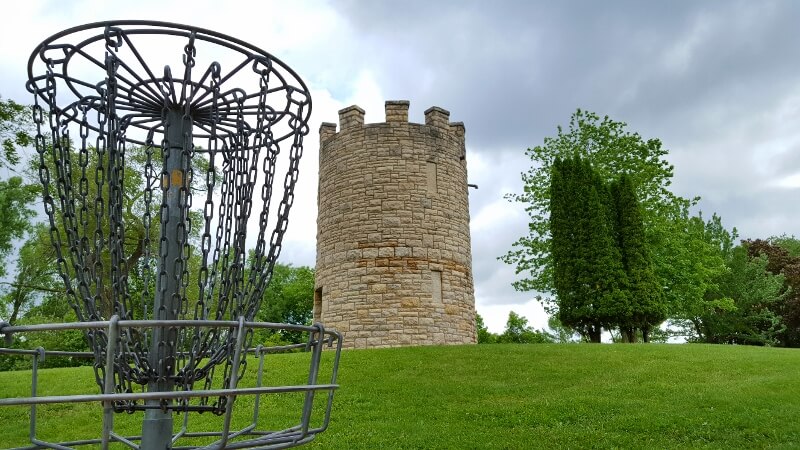 Disc golf near an historic water tower in Memorial Park Red Wing Minnesota (photo by Sheila Scarborough)