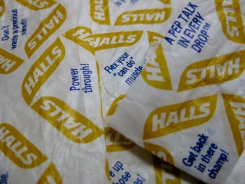 Can't we be sick in peace? Halls lozenge wrappers (photo by Sheila Scarborough)