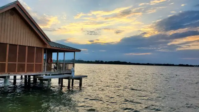 Poverty Point State Park overwater cabin at sunset Louisiana