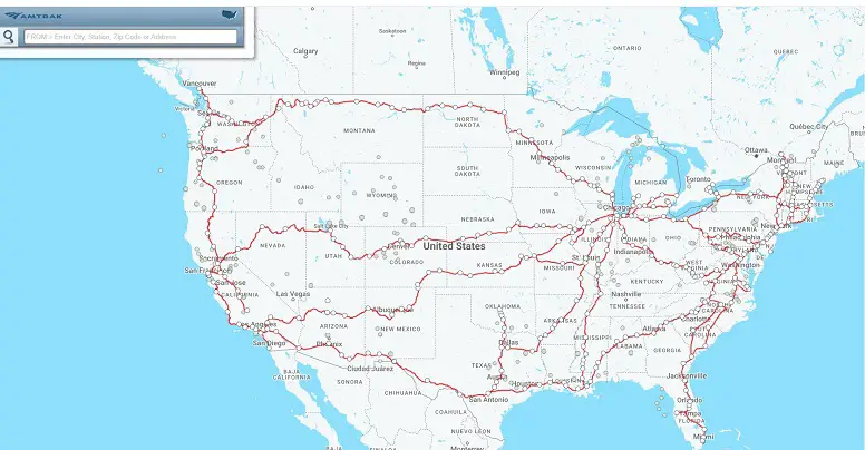Screenshot of Amtrak train travel in the US routes as of January 2023